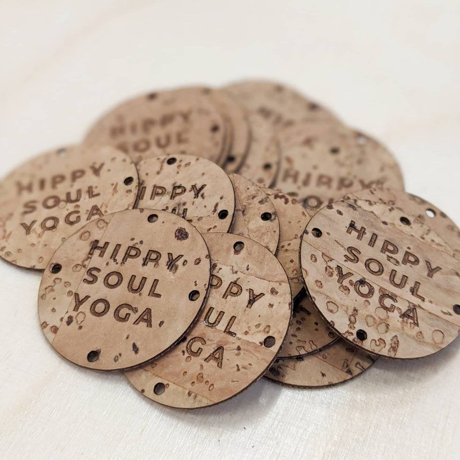 Cork fabric tags circle shape with text engraved