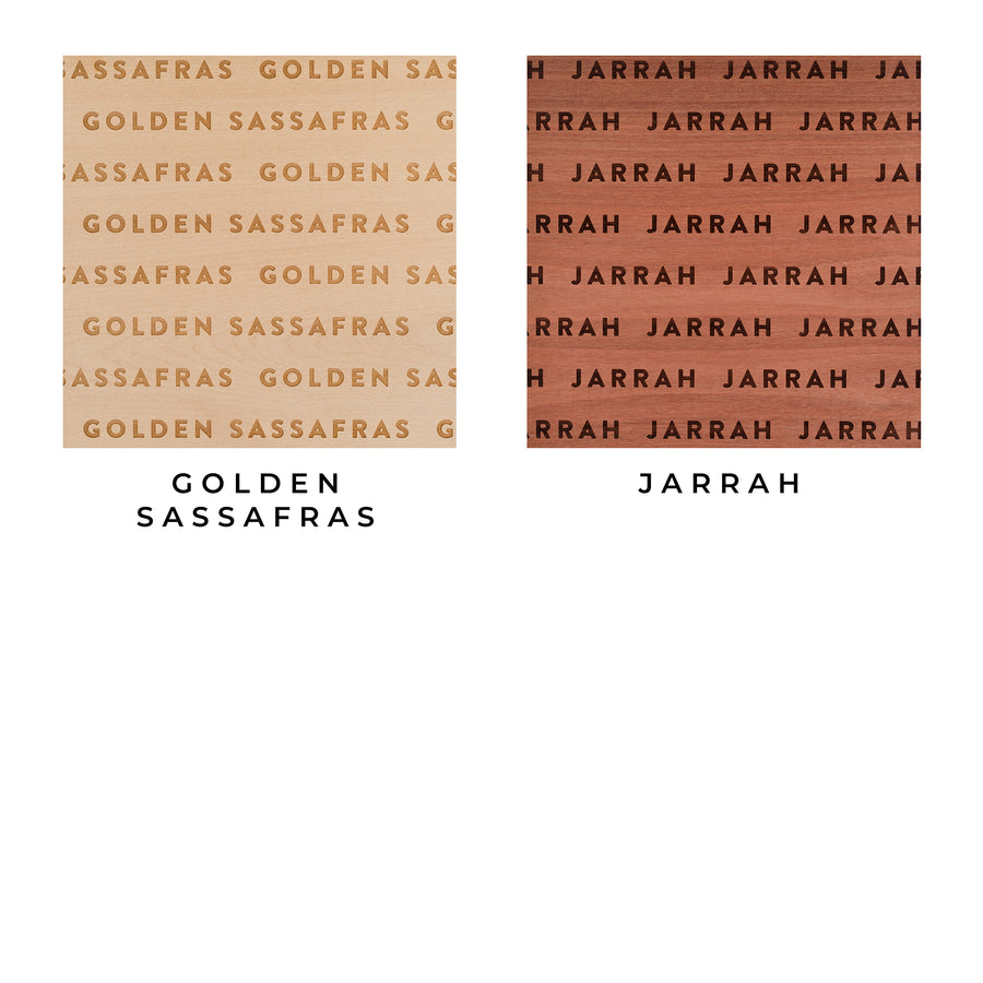 golden sassafras and jarrah material samples