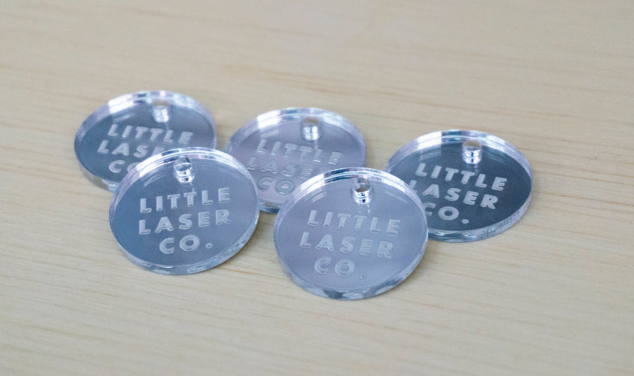 Silver Mirror tags with logo laser engraved